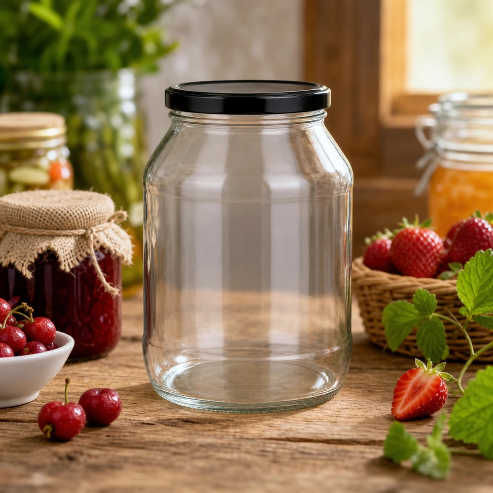 Słoik okrągły 2650 ml z pokrywką BasicSeal czarną UN.. 2650ml Rundglas mit schwarzem Deckel für Einmachen und Vorratshaltung in rustikaler Küche mit frischen Früchten
