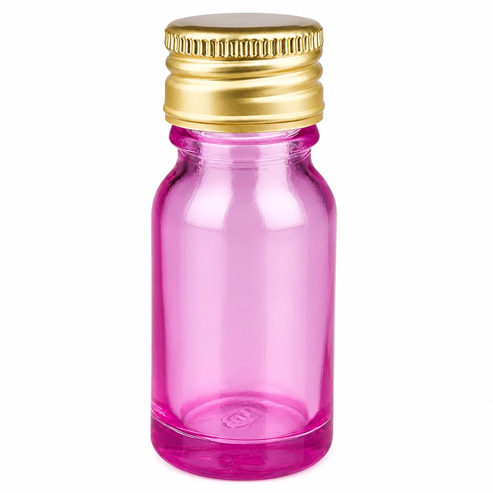 Butelka 10ml 11mm zakrętka aluminiowa standard złota PurpleLine. UT18/10 Butelka 10 ml z zakrętką wykonana z aluminium, złota i fioletowego przezroczystego szkła do olejków eterycznych
