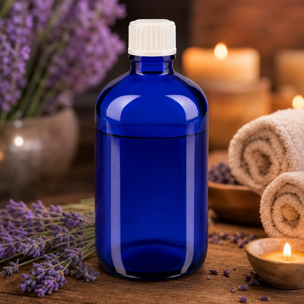 Niebieska butelka apteczna o pojemności 100 ml z lawendą i świecami do aromaterapii i relaksu