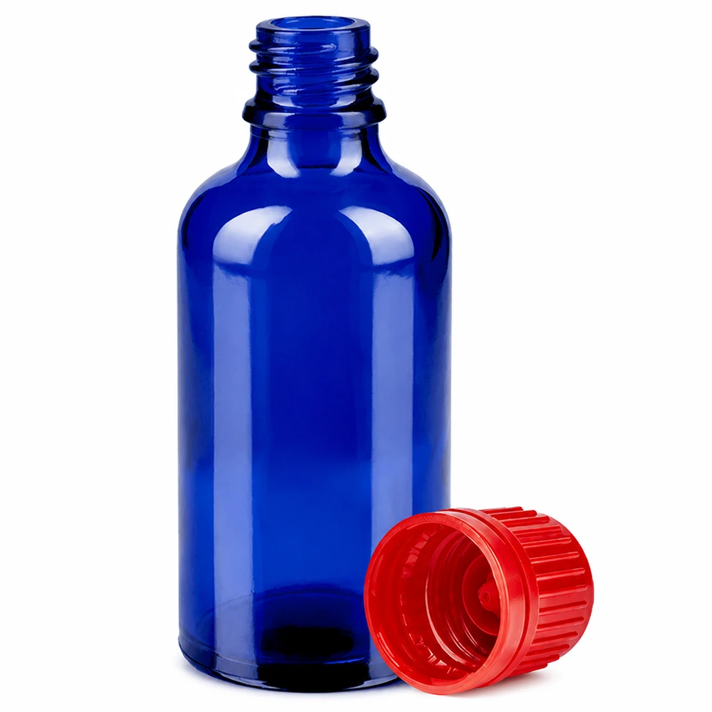 Niebieska butelka laboratoryjna 50 ml z czerwoną zakrętką SV 11 mm OV BlueLine UT18/50