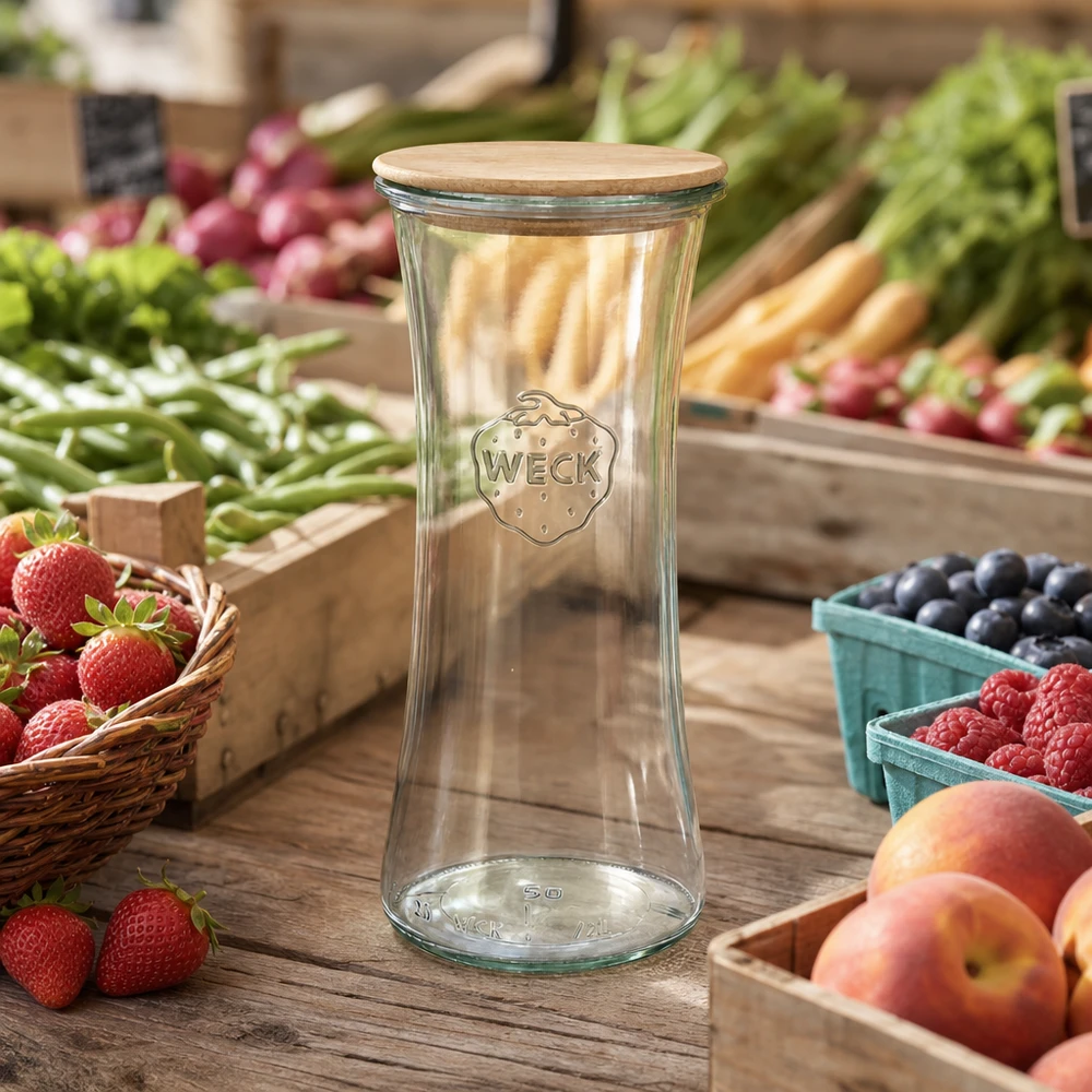Słoik delikatesowy 700ml WECK RR80 z drewnianą pokrywką WECK słoik delikatesowy 700ml RR80 z drewnianą pokrywką na cotygodniowym targu między świeżymi owocami i warzywami naturalne otoczenie
