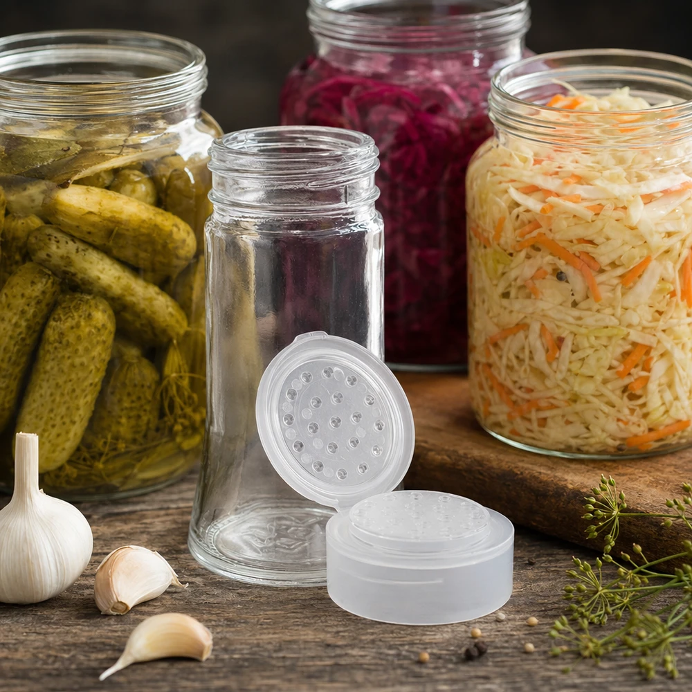 Słoik na sól/przyprawy 95 ml z dozownikiem, biały Mały słoiczek na przyprawy o pojemności 95 ml z białą pokrywką z dozownikiem, obok marynowanych ogórków i kiszonej kapusty