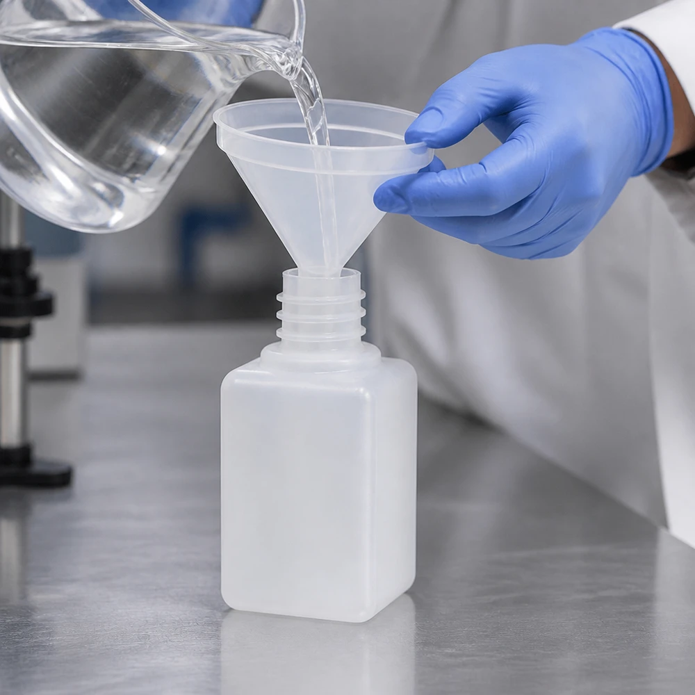 Butelka na chemikalia 20ml, wąska szyjka wykonana z PE-HD, kolor naturalny, GL 18 Laborant wlewa przezroczysty płyn za pomocą plastikowego lejka do butelki na chemikalia o pojemności 20 ml, wykonanej z polietylenu wysokogęstościowego (PE-HD) z gwintem GL18