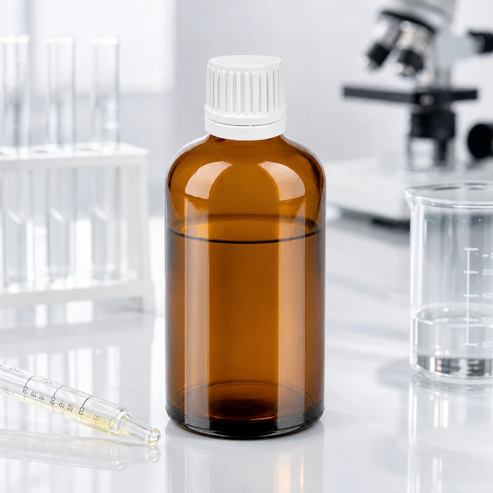Precyzyjna butelka z zakraplaczem 0,7 mm 100 ml wykonana z bursztynowego szkła chroniącego przed promieniowaniem UV do zastosowań laboratoryjnych