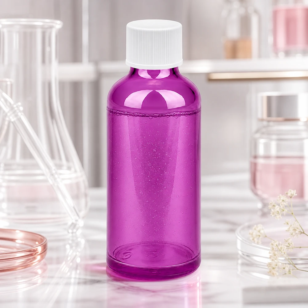 Kompaktowa butelka laboratoryjna o pojemności 50 ml wykonana z fioletowego szkła z białą zakrętką do precyzyjnego dozowania