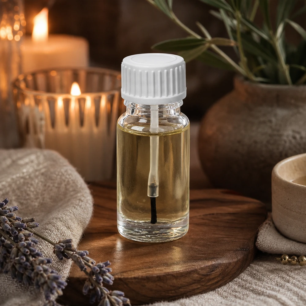 Butelka z pędzelkiem 10 ml biała STD ClearLine UT18/10 Przezroczysta buteleczka z pędzelkiem o pojemności 10 ml z białą nakrętką, stojąca na drewnianej podstawce obok gałązek lawendy i świec