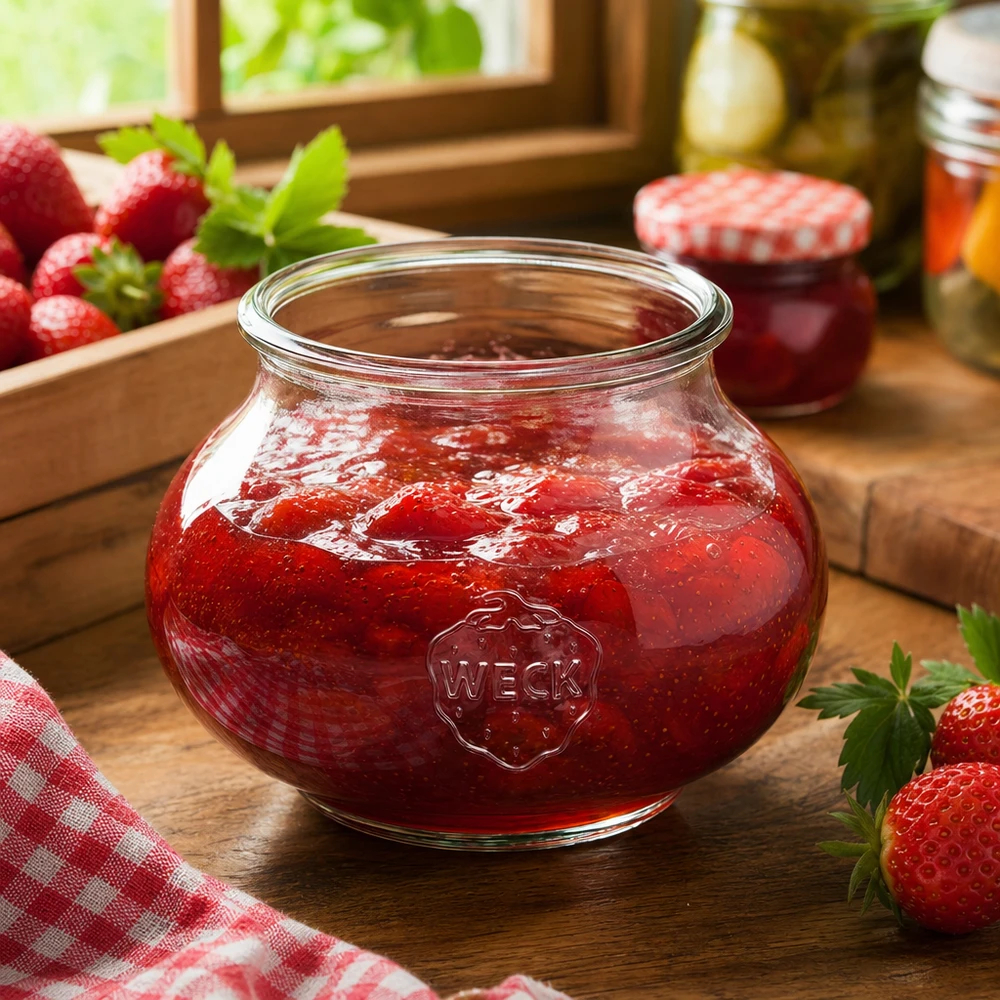 Szklany słoik dekoracyjny WECK RR80 o pojemności 560 ml Słoik dekoracyjny WECK 560ml RR80 wypełniony dżemem truskawkowym w rustykalnej kuchni ze świeżymi truskawkami i słoikami na przetwory