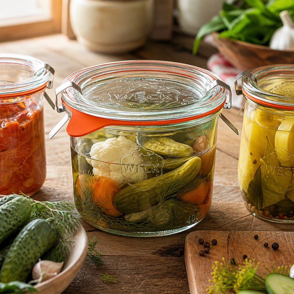 WECK 200ml słoik RR80 do przechowywania warzyw i ogórków w rustykalnej kuchni z koperkiem i przyprawami