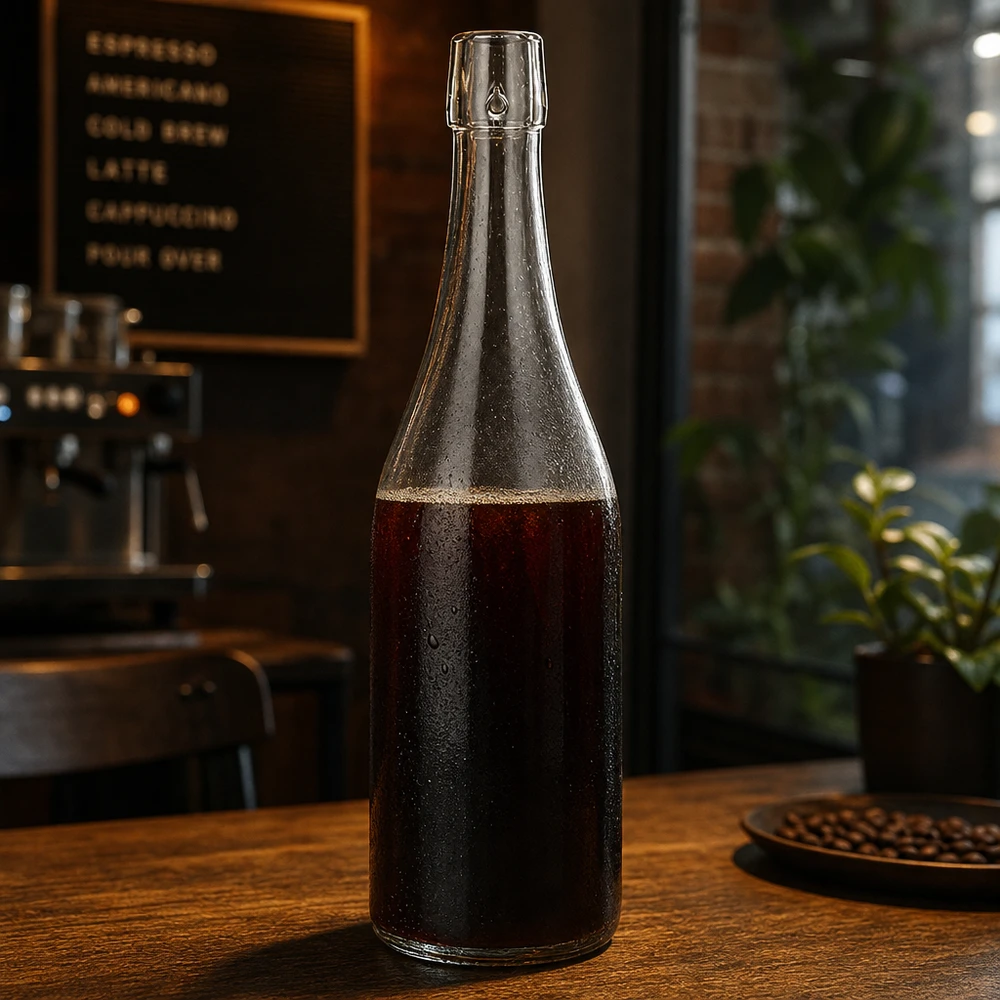 Butelka szklana 750 ml bez zamknięcia typu UNiTWIST 750ml UNiTWIST Glasflasche mit Cold Brew Kaffee befüllt auf Holztisch in stylischer Café Atmosphäre Anwendung