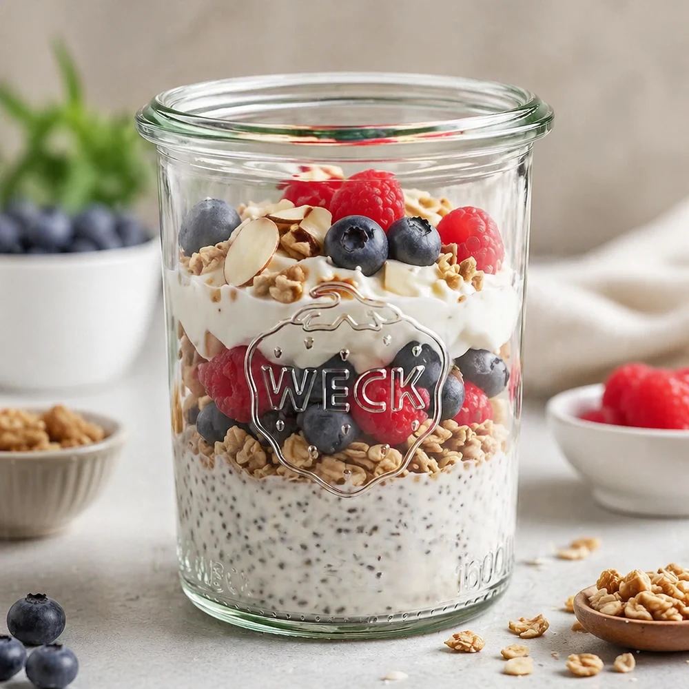 Słoik WECK 160ml RR60 wypełniony puddingiem chia, jagodami i orzechami jako pomysł na zdrowe śniadanie