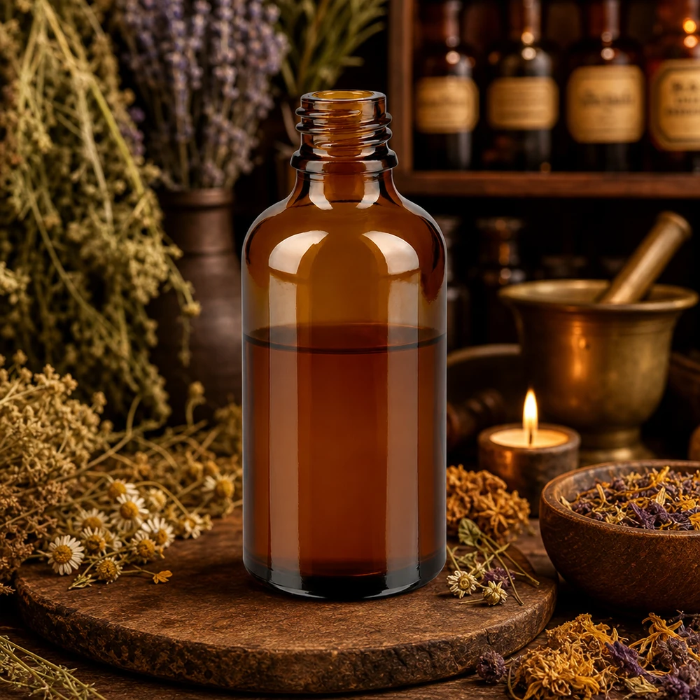 50 ml brązowa butelka apteczna ApoGlas z nalewką ziołową w rustykalnej apteczce ziołowej z moździerzem i roślinami leczniczymi