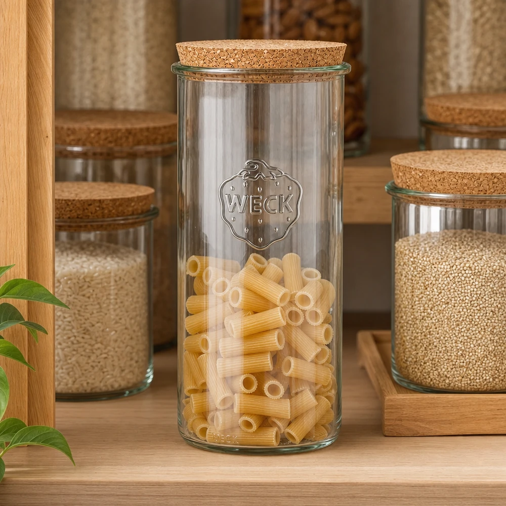 WECK RR100 1500 ml słoik wypełniony makaronem Półka kuchenna Pokrywka korkowa Organizacja spiżarni Przechowywanie