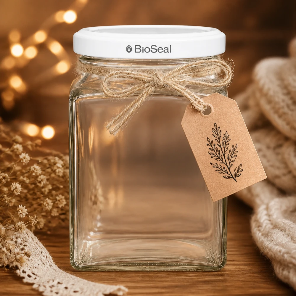 UNiTWIST Tetra260 z białą pokrywką TO58 BioSeal UNiTWIST Tetra260 Vorratsglas mit weißem TO58 BioSeal Deckel und Geschenkanhänger rustikale Deko warmes Licht