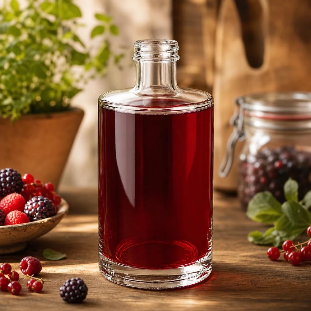 375 ml szklana butelka Sam wypełniona sokiem z czerwonych jagód w otoczeniu świeżych malin, jeżyn i czerwonych porzeczek