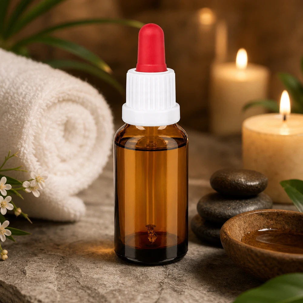 Wysokiej jakości butelka z zakraplaczem o pojemności 20 ml z bursztynowego szkła z ergonomiczną pipetą do precyzyjnego dozowania.