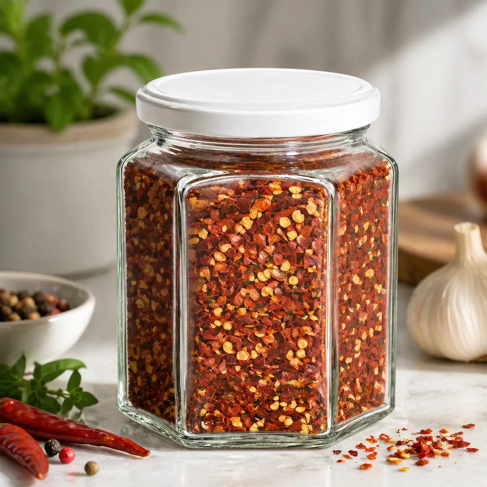 400g Honigglas mit weißem Deckel BasicSeal UNiTWIST 400 g sześciokątny słoik na miód wypełniony mieszanką przypraw chili pokazuje wszechstronne zastosowanie przypraw kuchennych