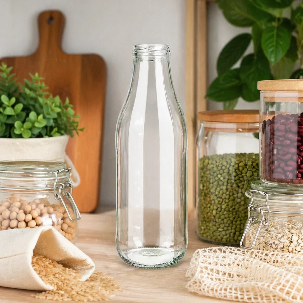 Butelka szklana 1000 ml TO48 UNiTWIST w zrównoważonej kuchni zero waste ze słoikami do przechowywania i roślinami strączkowymi