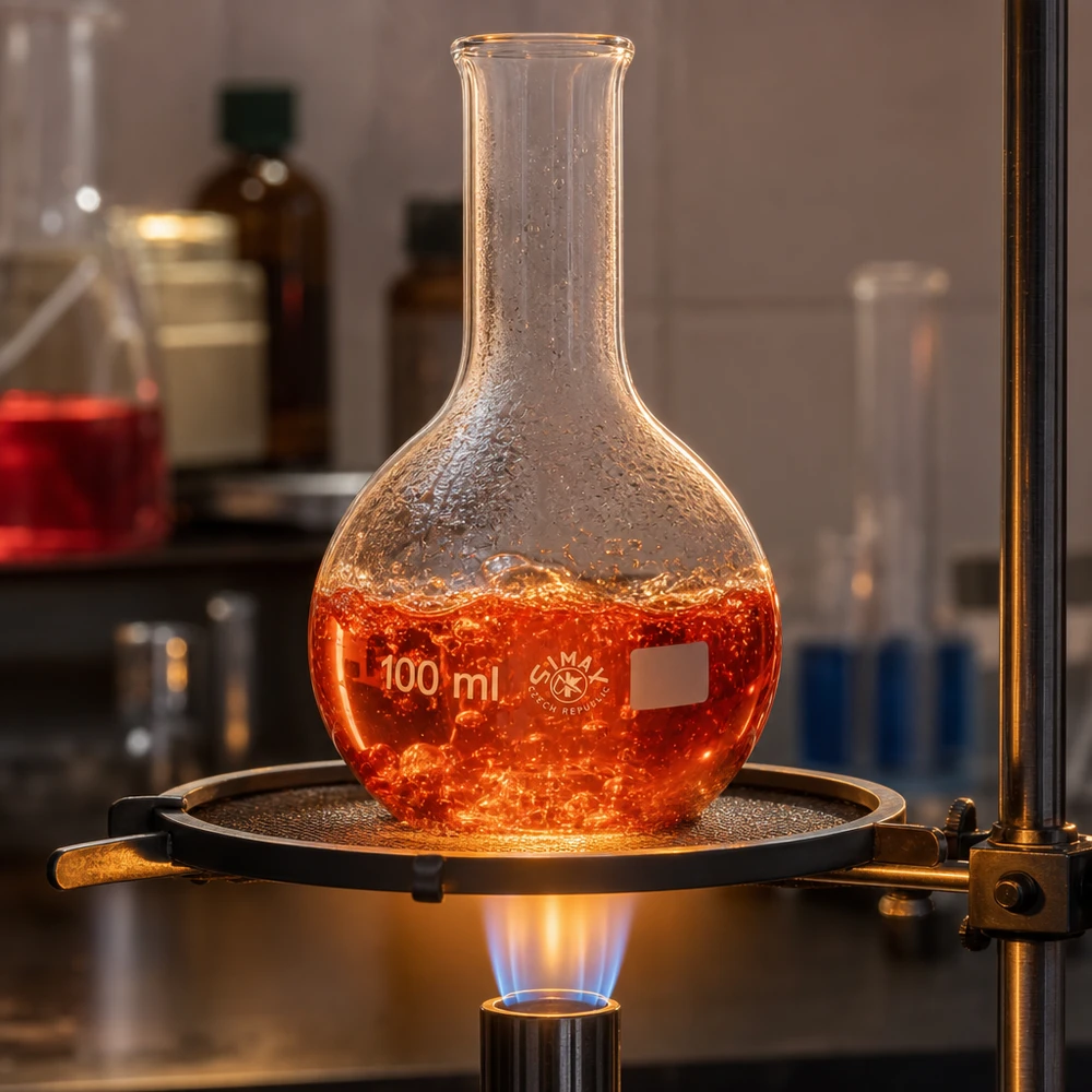 Kolba stojąca 100 ml z wąską szyjką Kolba stojąca 100 ml z wąską szyjką na laboratoryjnej płycie grzejnej podczas ogrzewania widocznym płomieniem