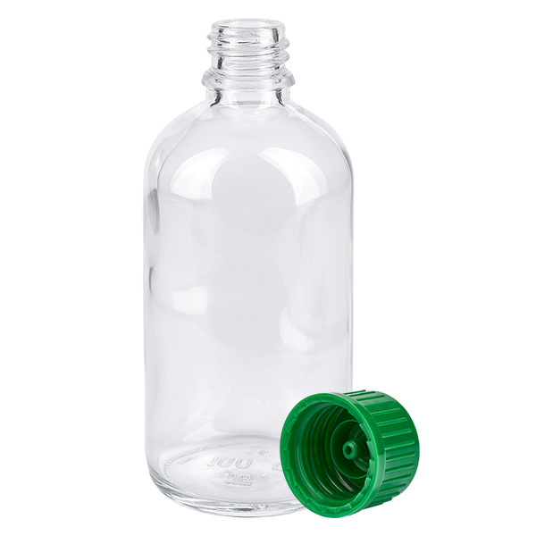 Butelka 100 ml 11 mm SV zielona STD ClearLine UT18/100 Przezroczysta butelka apteczna ClearLine o pojemności 100 ml z zielonym zamknięciem zabezpieczającym 11 mm SV