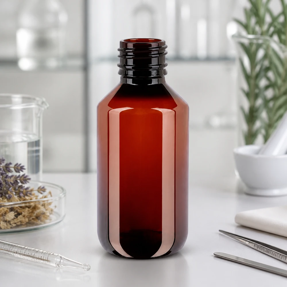 PET Rundflasche 200ml in Dunkelbraun mit UV-Schutz für lichtempfindliche Flüssigkeiten