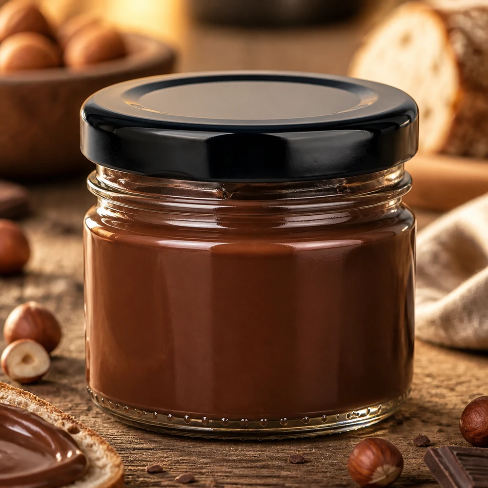 Okrągła szklanka 33 ml + czarna pokrywka BasicSeal UNiTWIST Krem orzechowo-nugatowy w okrągłym słoiku o pojemności 33 ml z czarną pokrywką BasicSeal na rustykalnym drewnianym stole