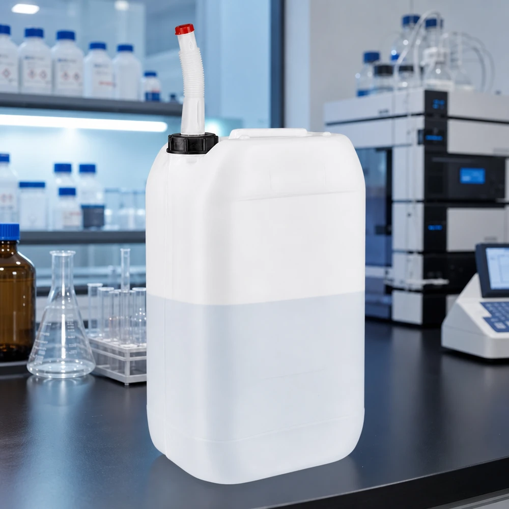 Kanister 15 litrów z elastyczną rurą wylotową Prostokątny kanister o pojemności 15 l z elastyczną rurką wylotową na stole laboratoryjnym