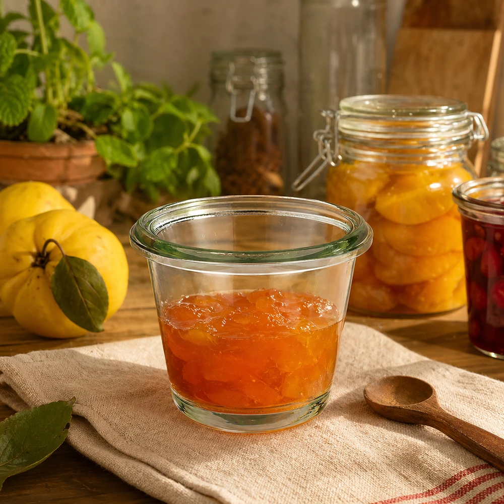 80 ml słoik WECK gourmet RR60 wypełniony dżemem w rustykalnej kuchni obok świeżych cytryn i innych słoików na przetwory