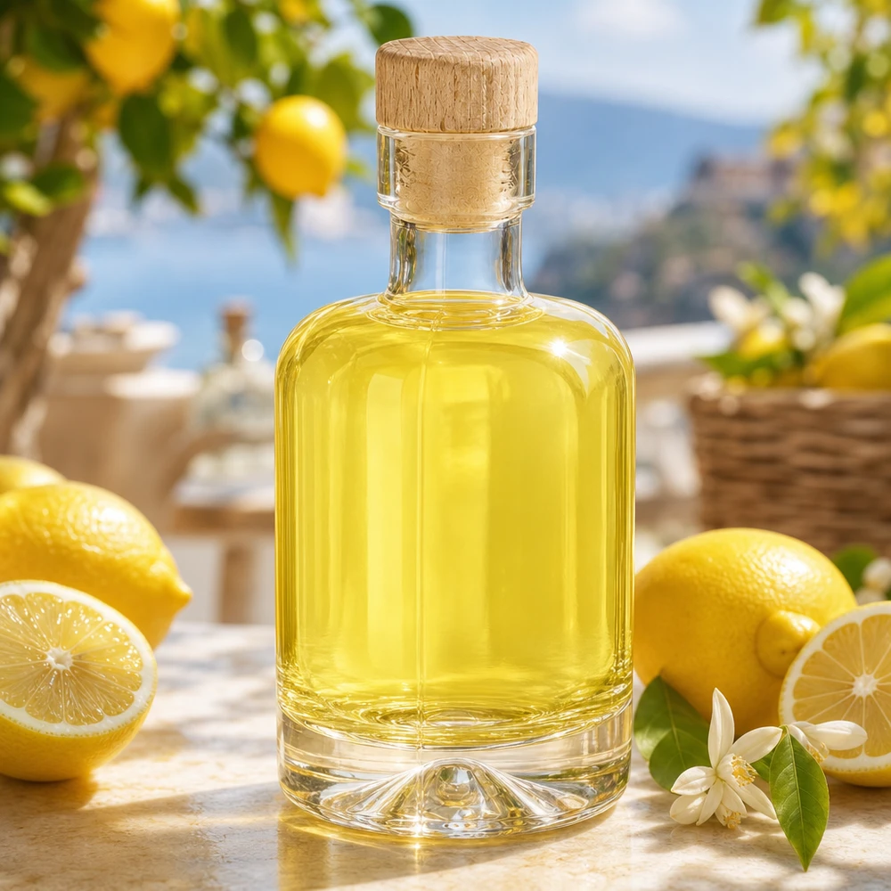 50 ml szklana butelka Amelie wypełniona żółtym likierem między cytrynami i kwiatami ozdobionymi w stylu śródziemnomorskim