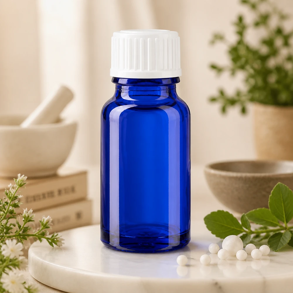 Kobaltowo-niebieska buteleczka apteczna o pojemności 10 ml z białym zakrętką 11 mm, obok globulek homeopatycznych i ziół leczniczych