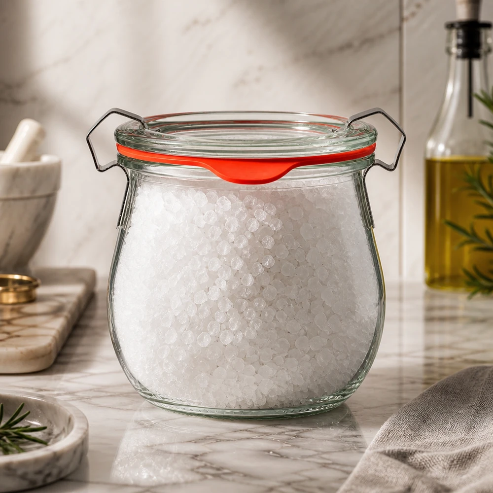 Słoik WECK Mini Tulip o pojemności 220 ml, wypełniony gruboziarnistą solą morską; słoik do przechowywania na marmurowej podstawce