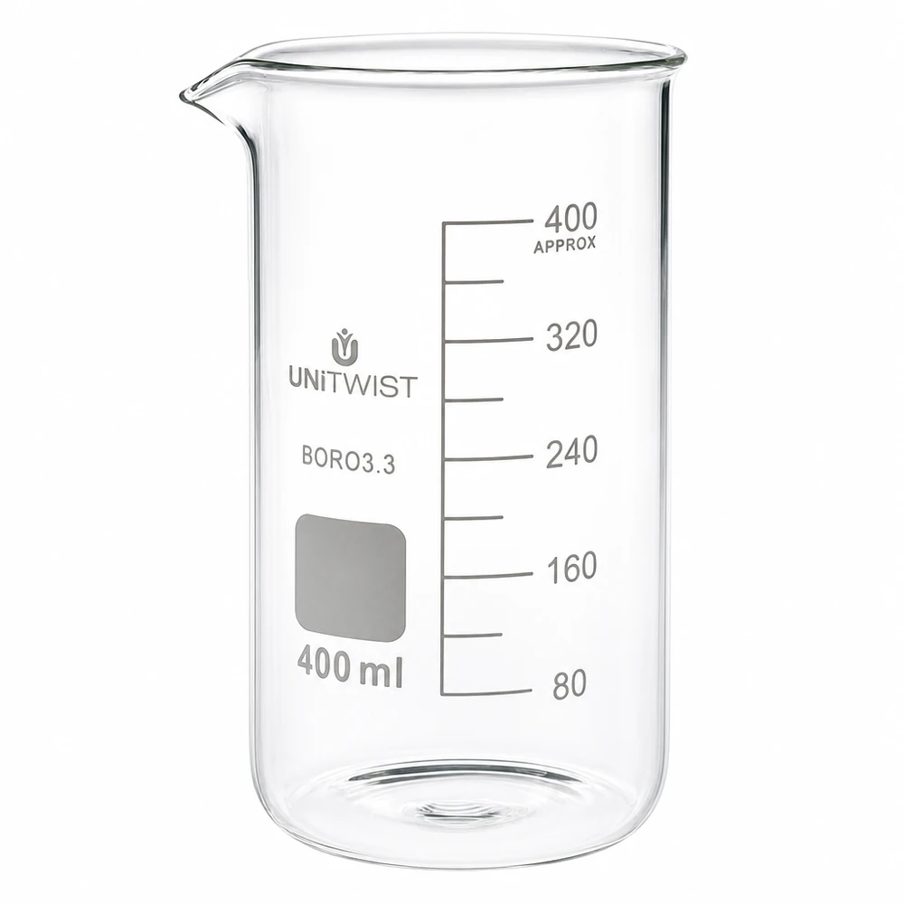 Zlewka 400ml borokrzemianowa, wysoka UNITWIST Szklanka o pojemności 400 ml, wysoka, wykonana ze szkła borokrzemowego 3.3, z podziałką mililitrową, marki UNITWIST