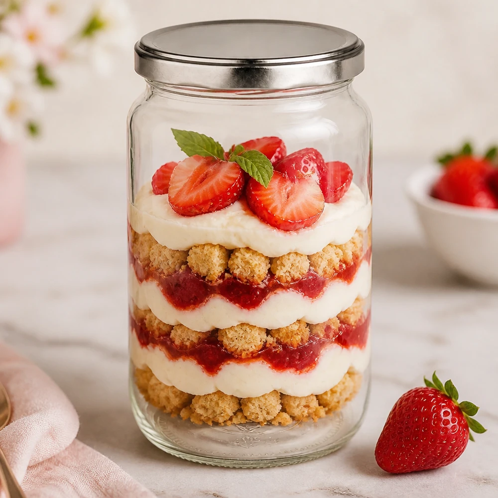 Okrągły słoik o pojemności 795 ml z pokrywką BasicSeal jako słoik deserowy na truskawkowy trifle z kremem i okruchami biszkoptów