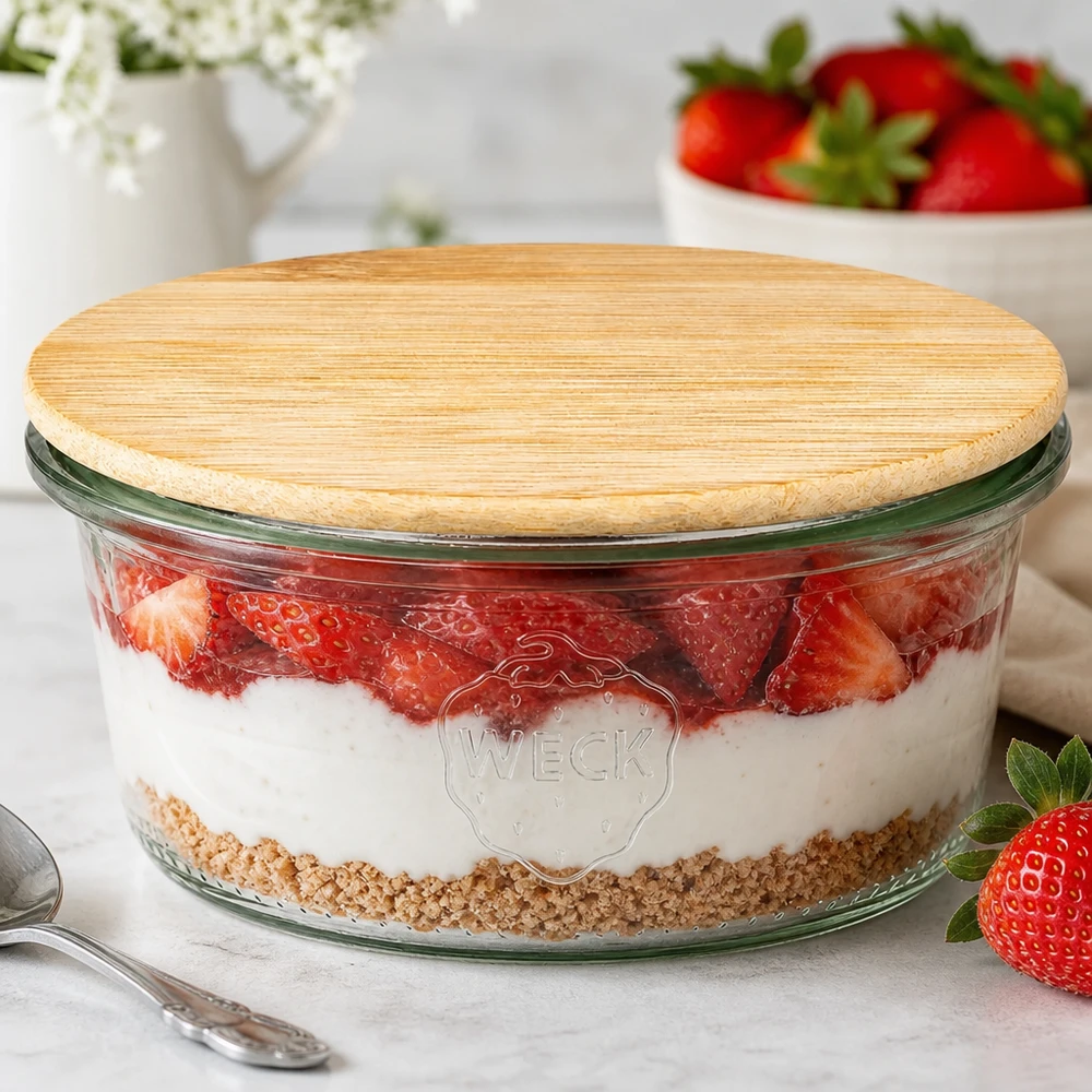 Kubki WECK RR80 o pojemności 165 ml z drewnianą pokrywką Słoik WECK RR80 165 ml z bambusową pokrywką jako słoik deserowy na truskawkowy deser warstwowy w kuchennej atmosferze