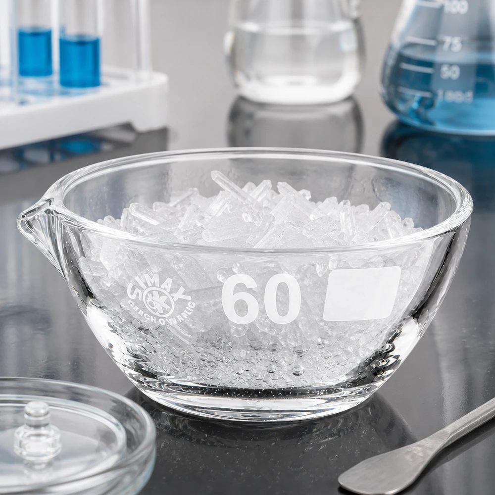 Naczynie do odparowywania o pojemności 45 ml z borokrzemianową wylewką Okrągłe naczynie do odparowywania 45 ml z borokrzemianu ø60 mm z wylewką do precyzyjnej pracy w laboratorium