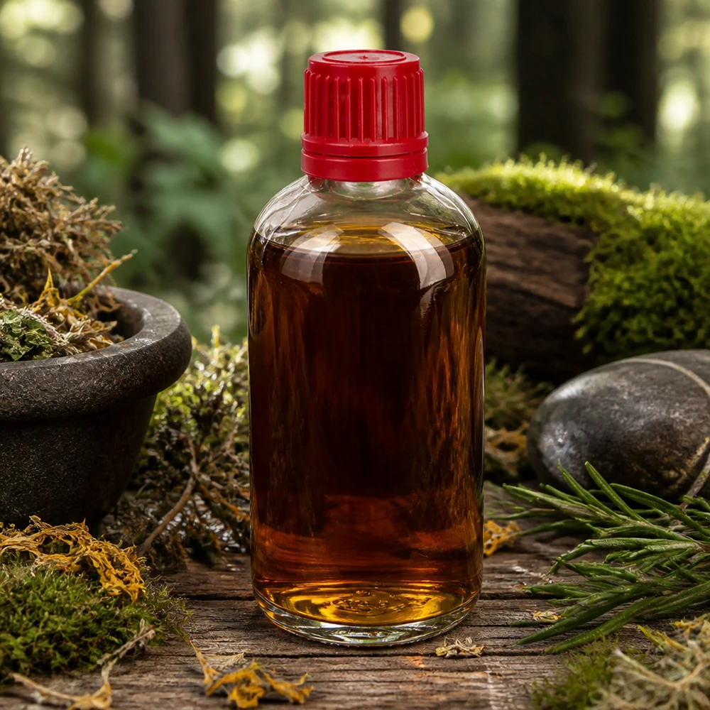Butelka 100 ml 11 mm SV czerwony OV ClearLine UT18/100 Przezroczysta butelka o pojemności 100 ml z czerwoną nakrętką, otoczona mchem i naturalnymi ziołami w leśnej scenerii