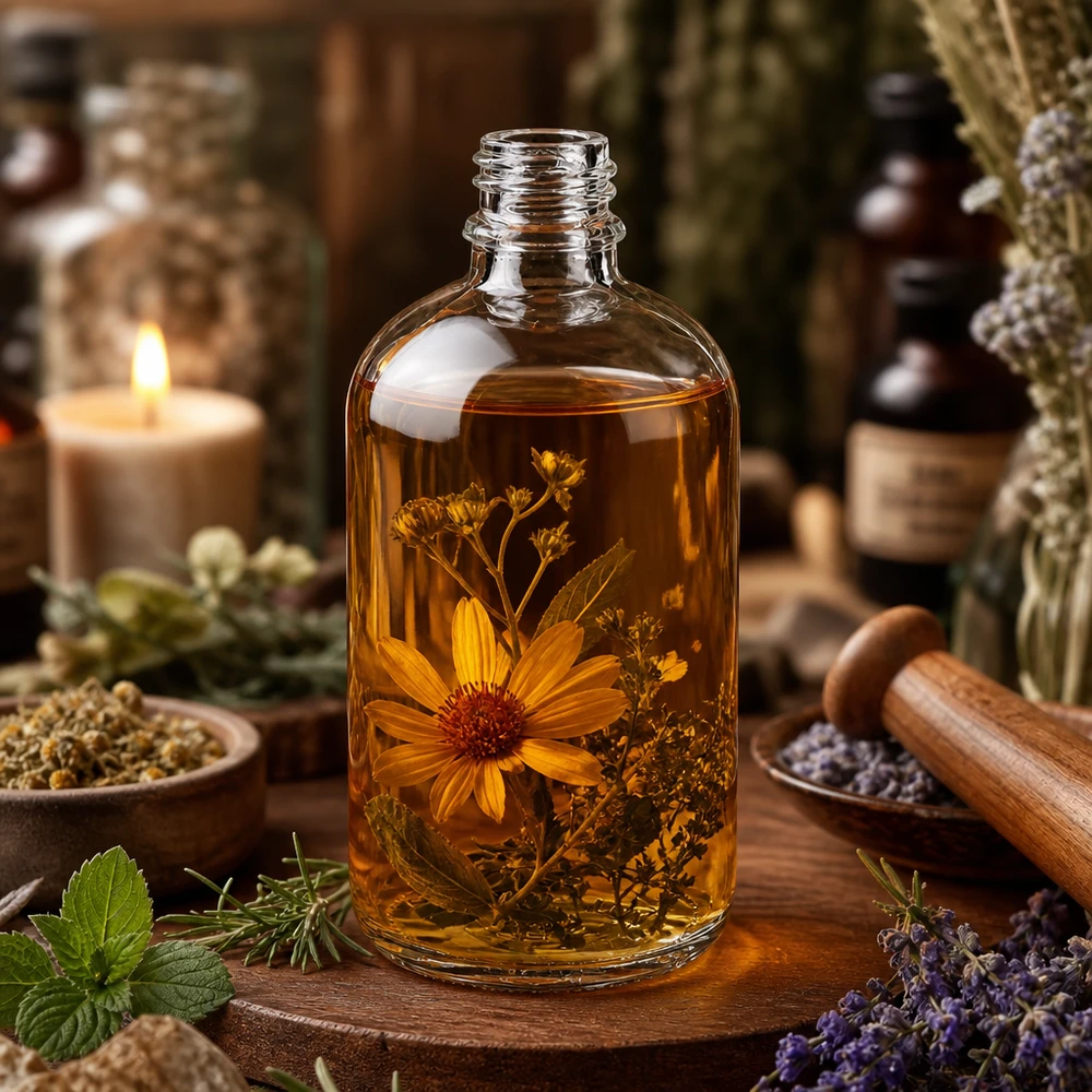Butelka z przezroczystego szkła 100ml DIN 18 100 ml butelka apteczna ApoGlas z bursztynową zawartością i suszonymi ziołami do naturoterapii