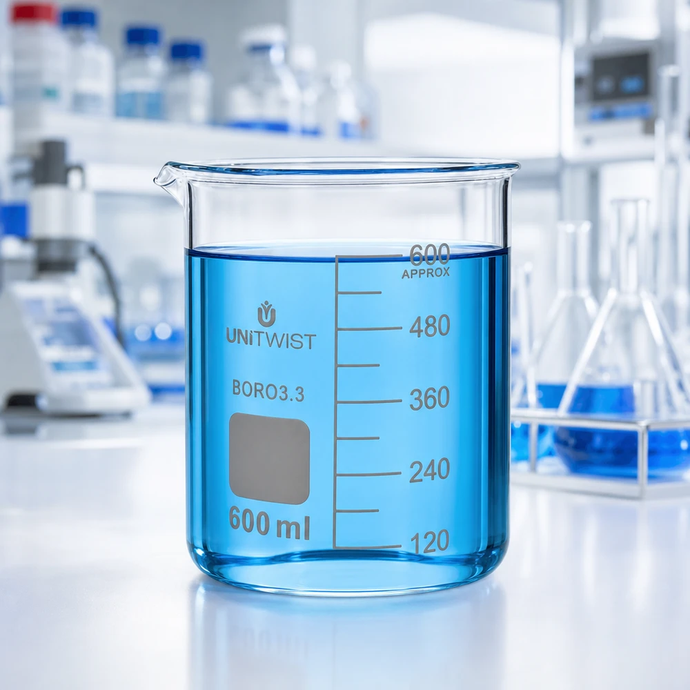 Zlewka 600 ml borokrzemianowa, niski kształt UNiTWIST Szklanka UNiTWIST o pojemności 600 ml, wykonana ze szkła borokrzemowego, wypełniona niebieskim płynem do poziomu 480 ml w laboratorium