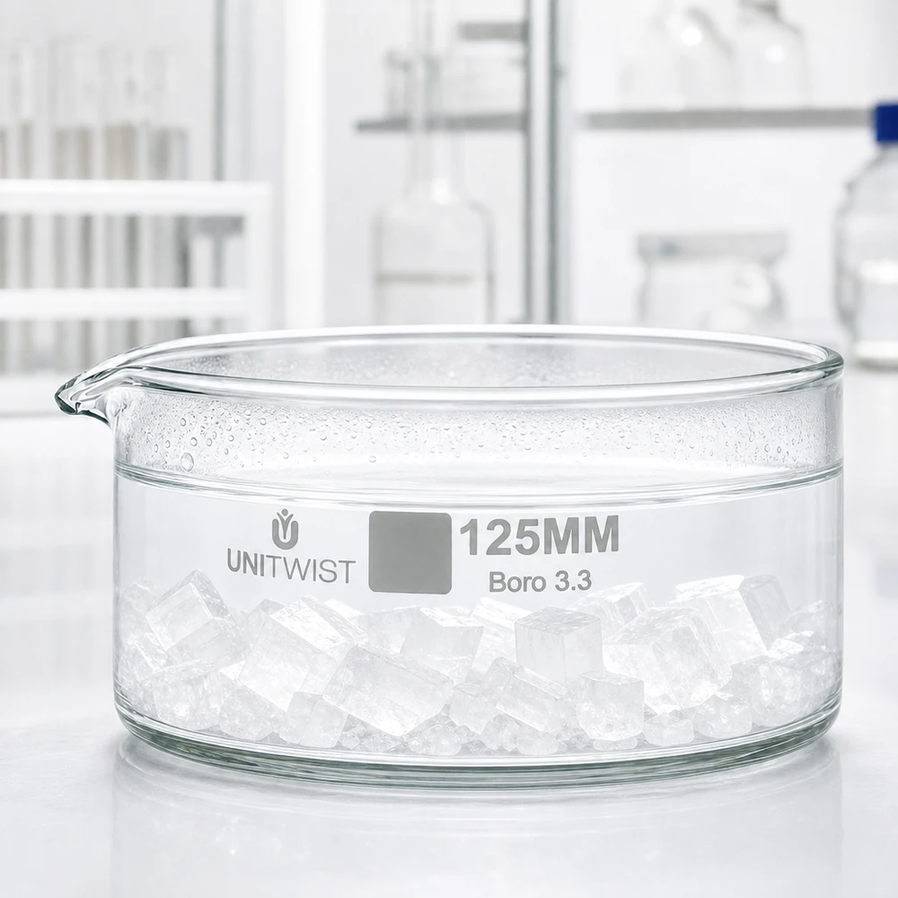 Miska do krystalizacji o średnicy 125 mm, wykonana ze szkła borokrzemowego, wypełniona kostkami lodu, do zastosowań laboratoryjnych UNiTWIST