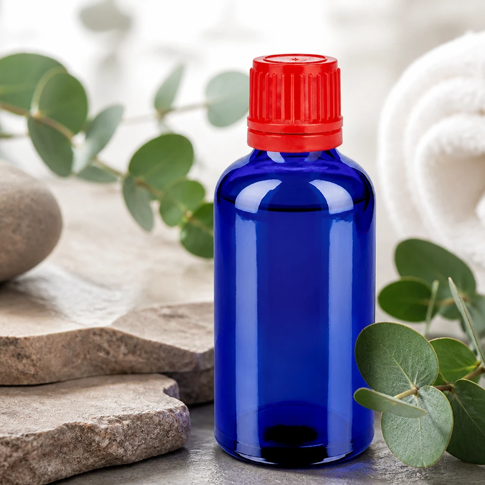 Butelka 50 ml 11 mm SV czerwony OV BlueLine UT18/50 Wysokiej jakości szklana butelka 50 ml w kolorze kobaltowo-niebieskim z czerwoną zakrętką SV 11mm OV BlueLine UT18/50