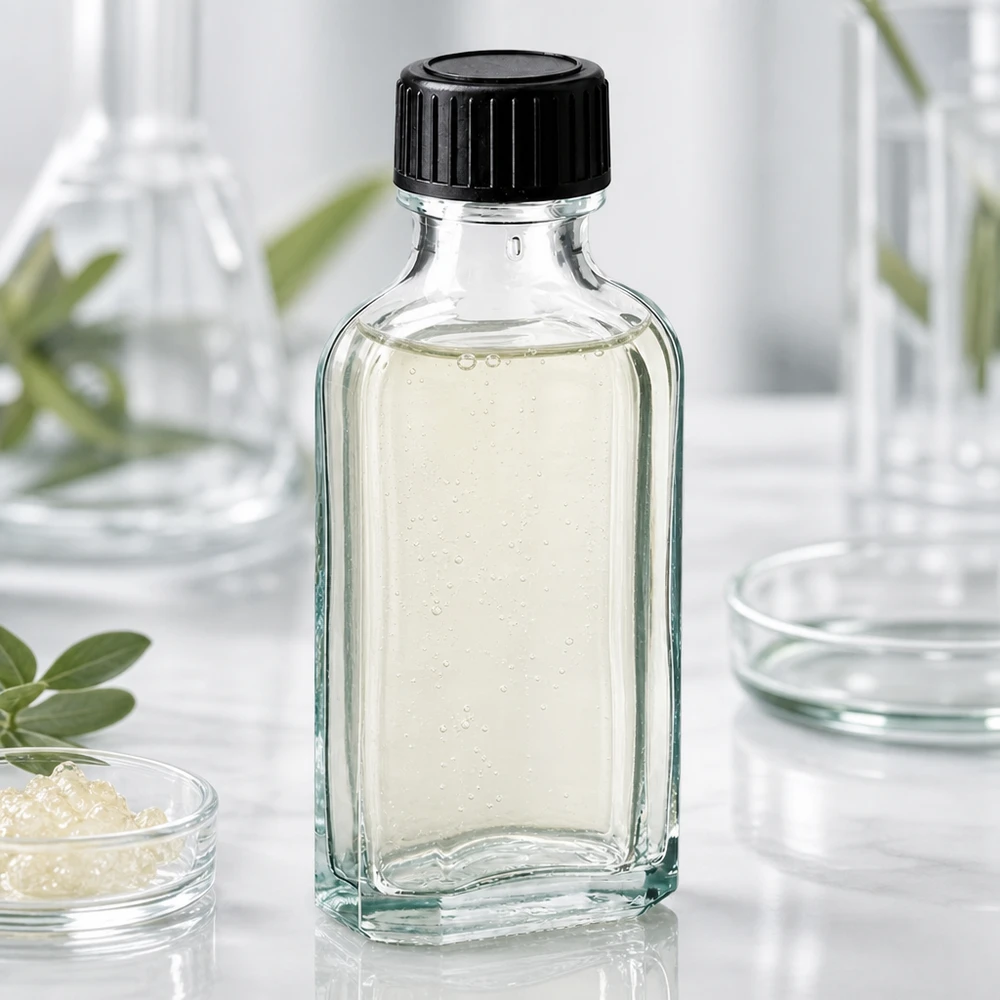Mała buteleczka apteczna o pojemności 50 ml, wykonana z przezroczystego szkła, z czarną zakrętką i uszczelką