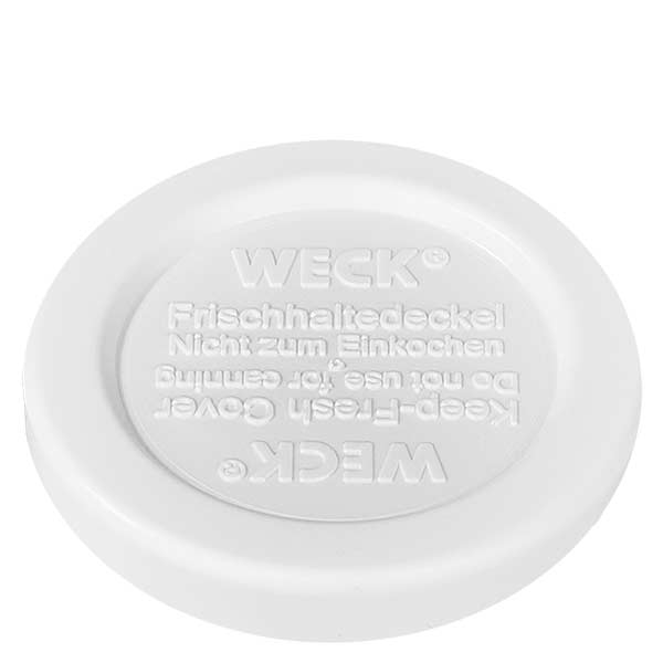 Kubki 35 ml z pokrywką zapewniającą świeżość WECK RR40 Pokrywka WECK freshness biała RR40 widok szczegółowy z wytłoczonym napisem do słoika cylindrycznego 145 ml Wymienna pokrywka