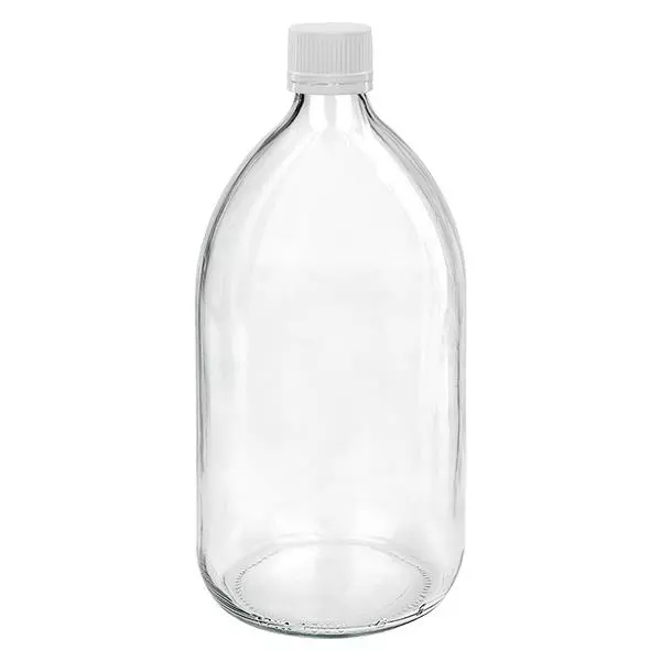 Butelka na lek 1000 ml przezroczysta, zakrętka biała/drobna z pierścieniem zabezpieczającym ApoGlas. Farmaceutyczna jakość produkcji UE. Gwint 28 mm (PP28). (syrop, butelka z lekkiego szkła) Butelka na lek 1000 ml przezroczysta, zakrętka biała/drobna z pierścieniem zabezpieczającym ApoGlas. Farmaceutyczna jakość produkcji UE. Gwint 28 mm (PP28). (syrop, butelka z lekkiego szkła)