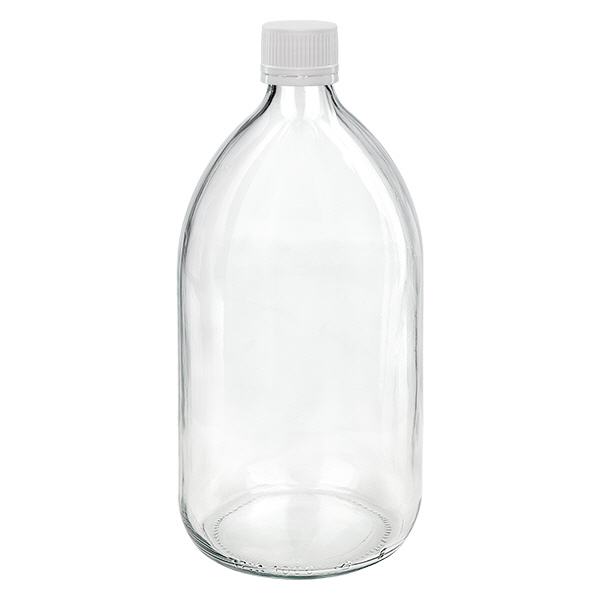 Butelka na lek 1000 ml przezroczysta, zakrętka biała/drobna z pierścieniem zabezpieczającym ApoGlas. Farmaceutyczna jakość produkcji UE. Gwint 28 mm (PP28). (syrop, butelka z lekkiego szkła) Butelka na lek 1000 ml przezroczysta, zakrętka biała/drobna z pierścieniem zabezpieczającym ApoGlas. Farmaceutyczna jakość produkcji UE. Gwint 28 mm (PP28). (syrop, butelka z lekkiego szkła)