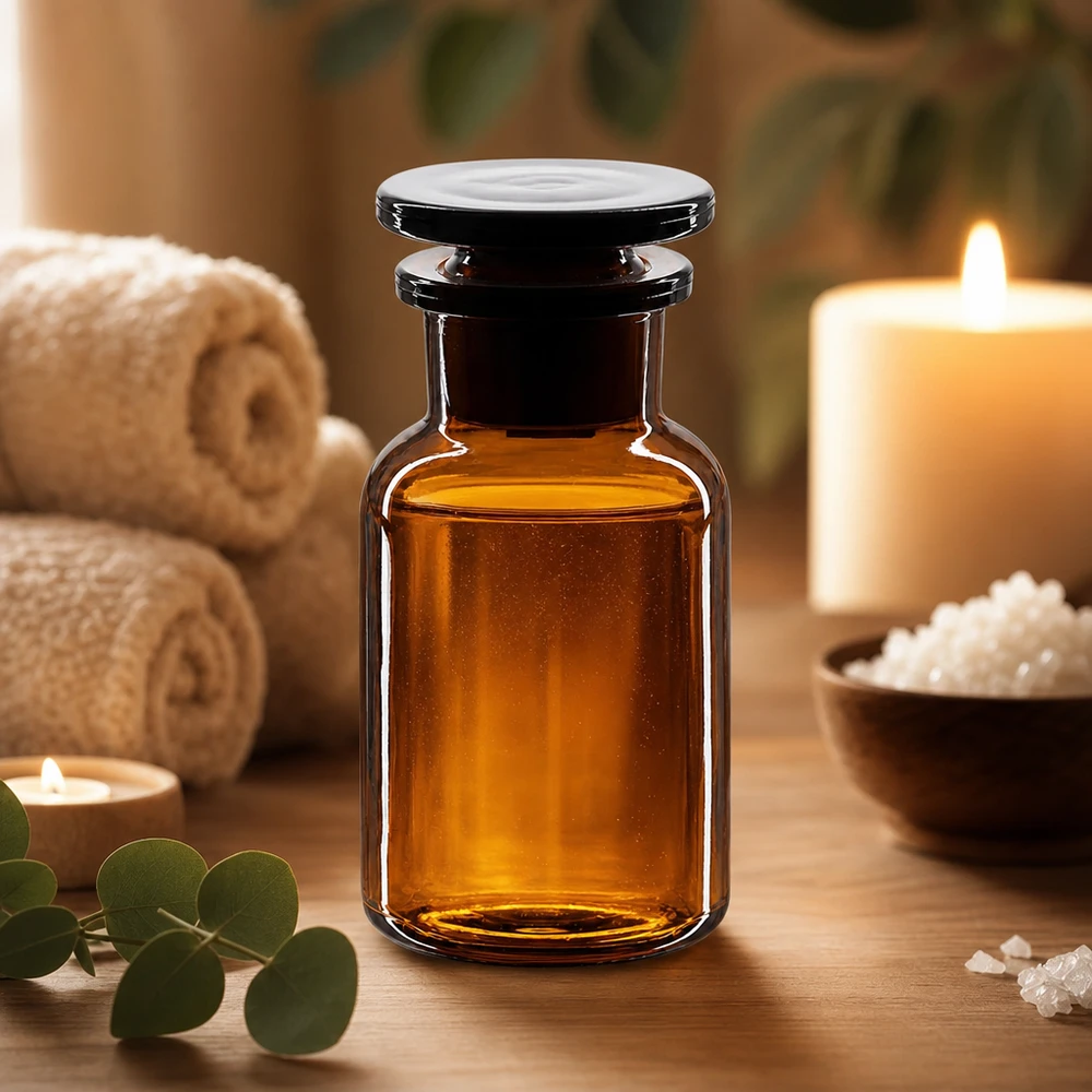 Okrągła butelka na ramię 100 ml z brązową szeroką szyjką i szklanym korkiem Butelka do przechowywania olejków eterycznych do aromaterapii, 100 ml, z brązowego szkła, z szeroką szyjką i szklanym korkiem