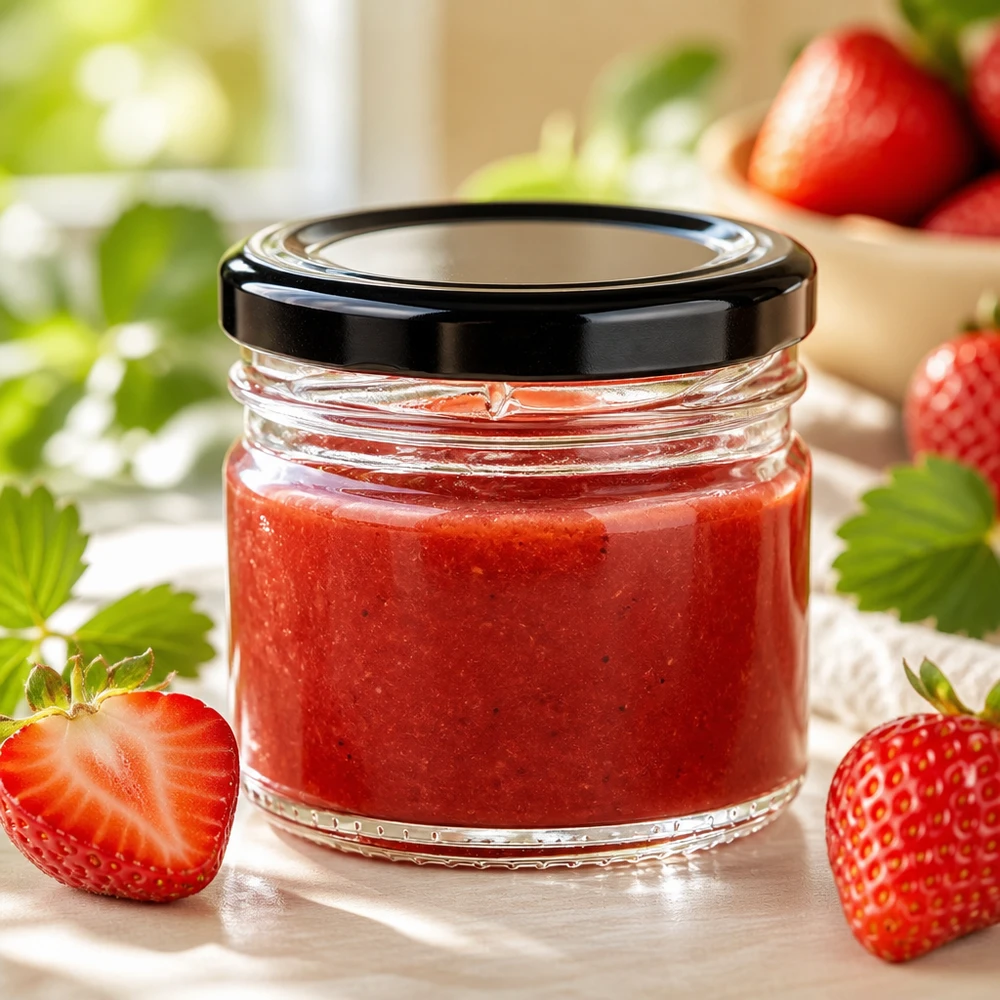 Domowy dżem truskawkowy w okrągłym słoiku o pojemności 33 ml z czarną pokrywką BasicSeal obok świeżych truskawek