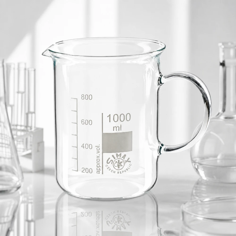 Pusta szklanka o pojemności 1000 ml z uchwytem i wylewką na białym tle