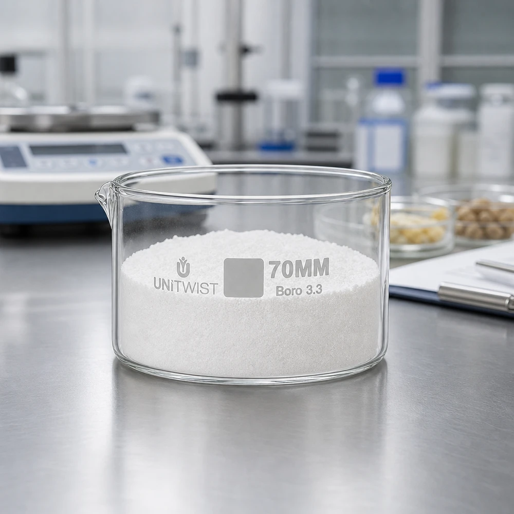 Miska do krystalizacji UNiTWIST 70 mm z borokrzemianu 3.3, wypełniona białym proszkiem, na stole laboratoryjnym ze stali nierdzewnej