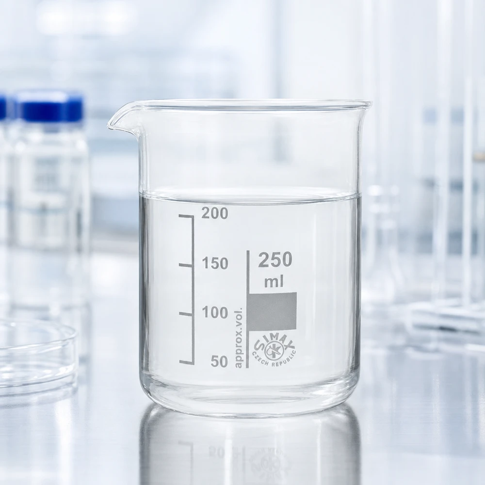 Przezroczysta zlewka o pojemności 250 ml wykonana z wytrzymałego szkła borokrzemowego do precyzyjnych pomiarów w laboratorium i kuchni