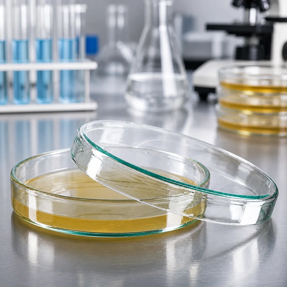 Szalki Petriego 100 x 20 mm ze szkła z żółtą pożywką agarową na stole laboratoryjnym ze stali nierdzewnej