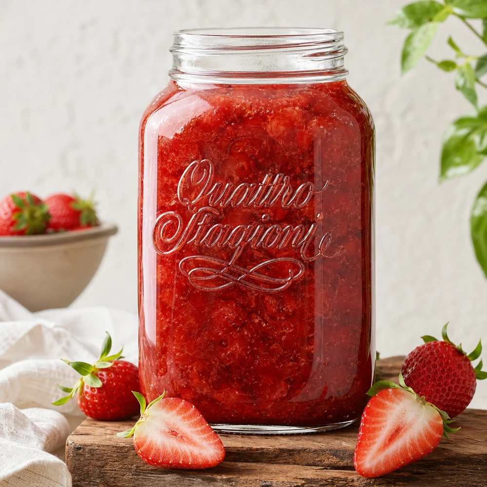 Domowy słoik Quattro Stagioni 3800 ml wypełniony dżemem z czerwonych truskawek, otoczony świeżymi truskawkami na drewnianej desce